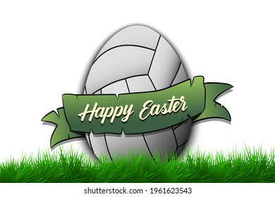 Happy Easter. Egg decorated in the form of a volleyball ball with ribbon on grass. Pattern for greeting card, banner, poster, invitation. Vector illustration