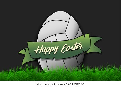Happy Easter. Egg decorated in the form of a volleyball ball with ribbon on grass. Pattern for greeting card, banner, poster, invitation. Vector illustration