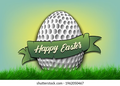 Happy Easter. Egg decorated in the form of a golf ball with ribbon on grass. Pattern for greeting card, banner, poster, invitation. Vector illustration