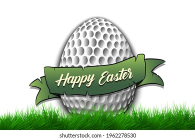 Happy Easter. Egg decorated in the form of a golf ball with ribbon on grass. Pattern for greeting card, banner, poster, invitation. Vector illustration