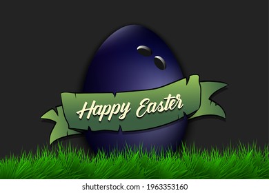 Happy Easter. Egg decorated in the form of a bowling ball with ribbon on grass. Pattern for greeting card, banner, poster, invitation. Vector illustration