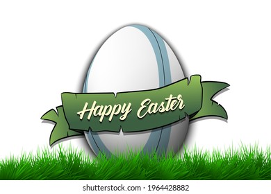 Happy Easter. Egg decorated in the form of a rugby ball with ribbon on grass. Pattern for greeting card, banner, poster, invitation. Vector illustration