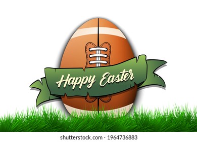 Happy Easter. Egg decorated in the form of a football ball with ribbon on grass. Pattern for greeting card, banner, poster, invitation. Vector illustration