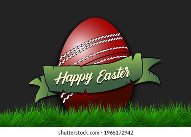 Happy Easter. Egg decorated in the form of a cricket ball with ribbon on grass. Pattern for greeting card, banner, poster, invitation. Vector illustration