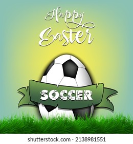 Happy Easter. Egg decorated in the form of a soccer ball with ribbon on grass. Pattern for greeting card, banner, poster. Vector illustration on isolated background
