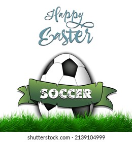 Happy Easter. Egg decorated in the form of a soccer ball with ribbon on grass. Pattern for greeting card, banner, poster. Vector illustration on isolated background