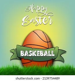 Happy Easter. Egg decorated in the form of a basketball ball with ribbon on grass. Pattern for greeting card, banner, poster. Vector illustration on isolated background