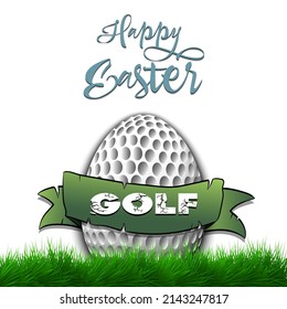 Happy Easter. Egg decorated in the form of a golf ball with ribbon on grass. Pattern for greeting card, banner, poster. Vector illustration on isolated background