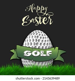 Happy Easter. Egg decorated in the form of a golf ball with ribbon on grass. Pattern for greeting card, banner, poster. Vector illustration on isolated background