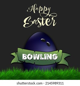 Happy Easter. Egg decorated in the form of a bowling ball with ribbon on grass. Pattern for greeting card, banner, poster. Vector illustration on isolated background