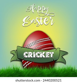 Happy Easter. Egg decorated in the form of a cricket ball with ribbon on grass. Pattern for greeting card, banner, poster. Vector illustration on isolated background