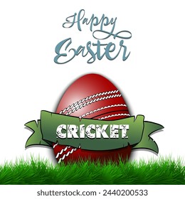 Feliz Pascua. Huevo decorado en forma de bola de cricket con cinta sobre hierba. Patrón para tarjeta de felicitación, banner, cartel. Ilustración vectorial sobre fondo aislado