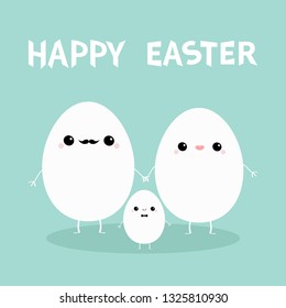 Happy Easter. Egg family with lips, mustaches. Love couple. Boy and girl holding hands. Cute cartoon kawaii funny character set. Mothe father baby. Flat design. Blue pastel color. Vector illustration