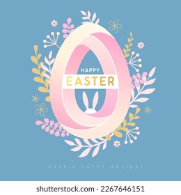 Happy Easter egg with floral decorative elements and rabbit ears. Flat style. Modern Easter background. Greeting card or poster. Vector illustration