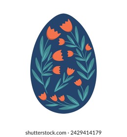 Huevo de Pascua feliz con patrón de tulipanes florales. Tarjeta de felicitación de Pascua. Ilustración de arte popular vectorial.