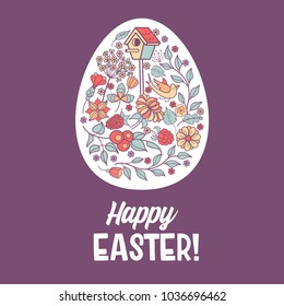 happy Easter. Easter egg with flower pattern. Flowers, herbs, birdhouse, bird. Spring holiday Easter vector illustration.