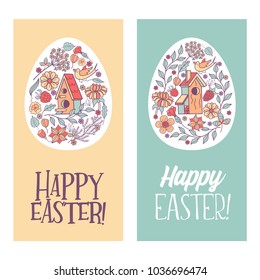 happy Easter. Easter egg with flower pattern. Flowers, herbs, birdhouse, bird. Spring holiday Easter vector illustration.