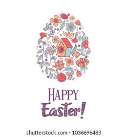 happy Easter. Easter egg with flower pattern. Flowers, herbs, birdhouse, bird. Spring holiday Easter vector illustration.