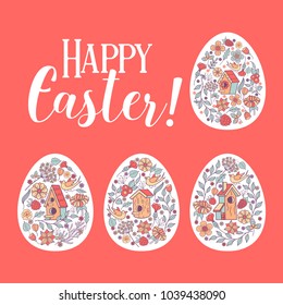 happy Easter. Easter egg with flower pattern. Flowers, herbs, birdhouse, bird. Spring holiday Easter vector illustration.
