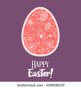 happy Easter. Easter egg with flower pattern. Flowers, herbs, birdhouse, bird. Spring holiday Easter vector illustration.