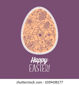 happy Easter. Easter egg with flower pattern. Flowers, herbs, birdhouse, bird. Spring holiday Easter vector illustration.