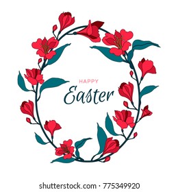 Happy easter egg flowers alstromeria frame. Greeting vector card with symbol.
