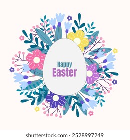Happy Easter egg and flowers around. Isolated on white background. Vector design.