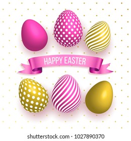Happy Easter egg with flowers, bunny, ribbon. Happy easter template with gold ribbon and eggs, frame, green background and gold confetti. Vector illustration. Design layout for invitation, card, menu
