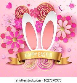 Happy Osterei mit Blumen, sonnig, Band. Frohe Ostervorlage mit goldenem Band und Eiern, Rahmen, grüner Hintergrund und goldener Konfetti. Vektorillustration. Design-Layout für Einladung, Karte, Menü