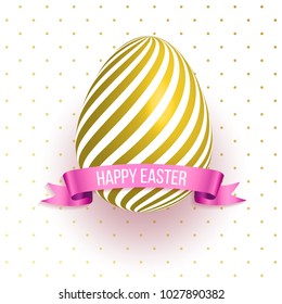 Happy Easter egg with flowers, bunny, ribbon. Happy easter template with gold ribbon and eggs, frame, green background and gold confetti. Vector illustration. Design layout for invitation, card, menu
