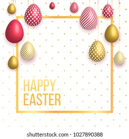 Happy Easter egg with flowers, bunny, ribbon. Happy easter template with gold ribbon and eggs, frame, green background and gold confetti. Vector illustration. Design layout for invitation, card, menu