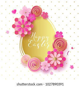 Happy Easter egg with flowers, bunny, ribbon. Happy easter template with gold ribbon and eggs, frame, green background and gold confetti. Vector illustration. Design layout for invitation, card, menu