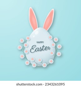 Happy Easter. Easter egg with flowers and bunny ears. Vector 3d illustration.