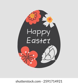 Happy Easter Egg with flowers and handwritten text. Spring festive card. 