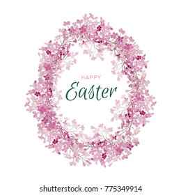 Happy easter egg flowers lilac frame. Greeting vector card.