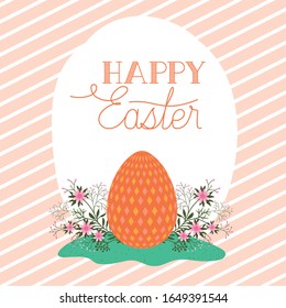 Happy easter egg with flowers over striped background design, Spring decoration holiday greeting ornament celebration festive season tradition and festival theme Vector illustration