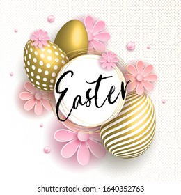 Happy Easter egg with flowers. Happy easter template with gold eggs, frame, pink flower. Vector illustration. Design layout for invitation, card, menu, flyer, banner