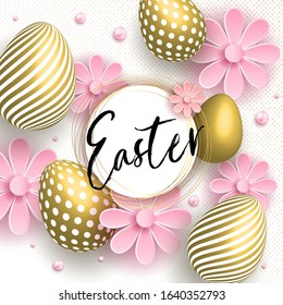 Happy Easter egg with flowers. Happy easter template with gold eggs, frame, pink flower. Vector illustration. Design layout for invitation, card, menu, flyer, banner