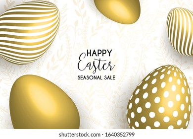 Happy Easter egg with flowers. Happy easter template with gold eggs, frame, pink flower. Vector illustration. Design layout for invitation, card, menu, flyer, banner