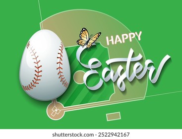 Happy Easter. Easter egg in the form of a baseball ball on a baseball field background. Vector illustration.