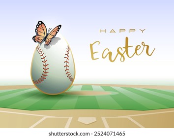 Happy Easter. Easter egg in the form of a baseball ball with Butterfly. Vector illustration.