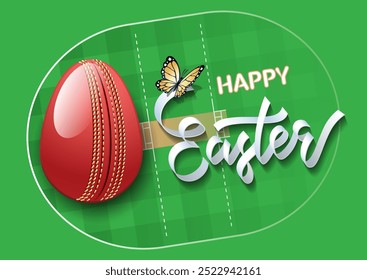 Happy Easter. Easter egg in the form of a cricket ball on a cricket field background. Vector illustration.