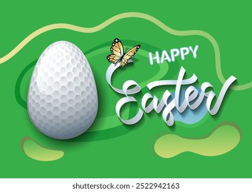 Feliz Páscoa. Ovo de Páscoa na forma de uma bola de golfe sobre um fundo de campo de golfe. Ilustração vetorial.