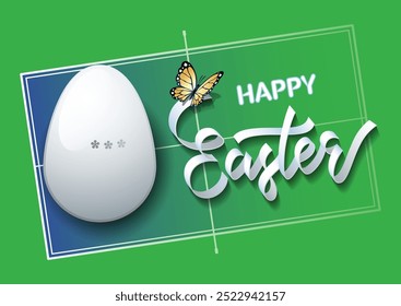 Happy Easter. Easter egg in the form of a ping pong ball on a tennis table background. Vector illustration.