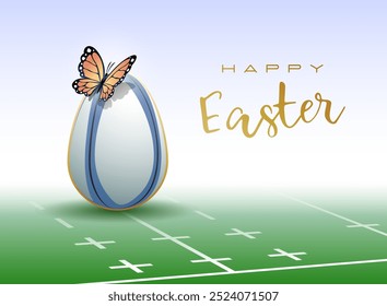 Feliz Pascua. Huevo de Pascua en forma de pelota de rugby con mariposa. Ilustración vectorial.