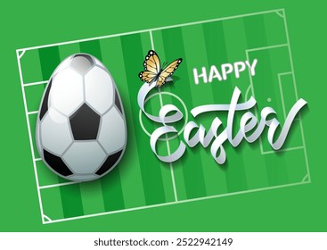 Happy Easter. Easter egg in the form of a soccer ball on a soccer field background. Vector illustration.