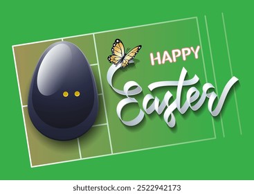 Happy Easter. Easter egg in the form of a squash ball on a squash court background. Vector illustration.