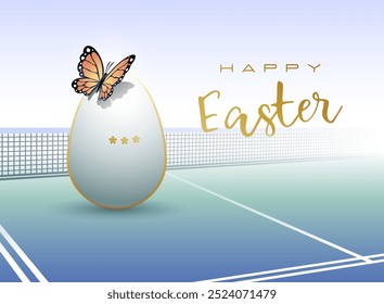 Feliz Pascua. Huevo de Pascua en forma de pelota de tenis con mariposa. Ilustración vectorial.