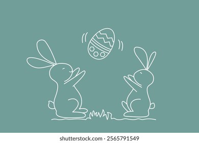 Happy easter egg, Funny rabbits playing with easter egg. Doodle style vector illustration.