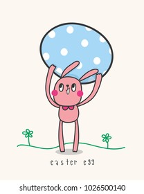 Happy easter egg greeting card. Pink rabbit hold blue polka dot egg. Decoration card, banner, website, cute vector/doodle for kids.